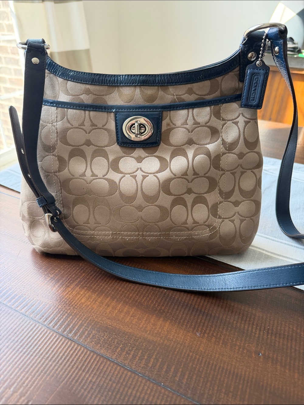 Coach Khaki Signature Canvas Shoulder Bag with Navy Trim